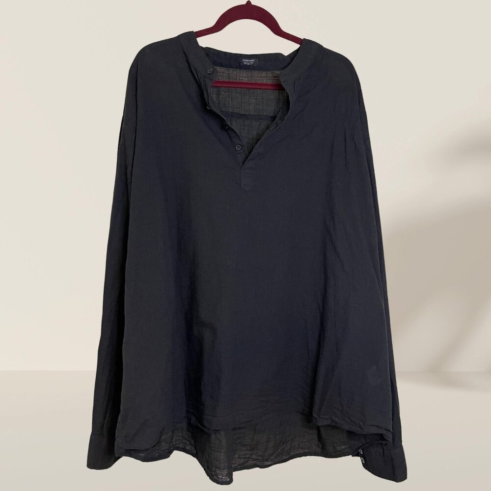 COOFANDY Black Henley Tunic Shirt 4XL | Cotton Hemp Long Sleeve Top